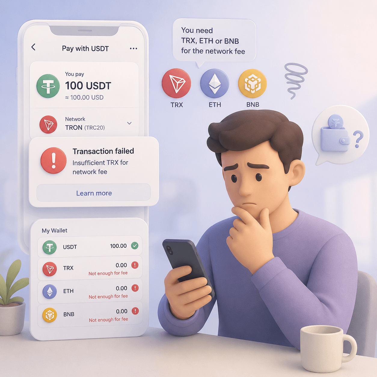 Клиент пытается оплатить USDT, но платёж не проходит из-за отсутствия TRX, ETH или BNB для комиссии сети