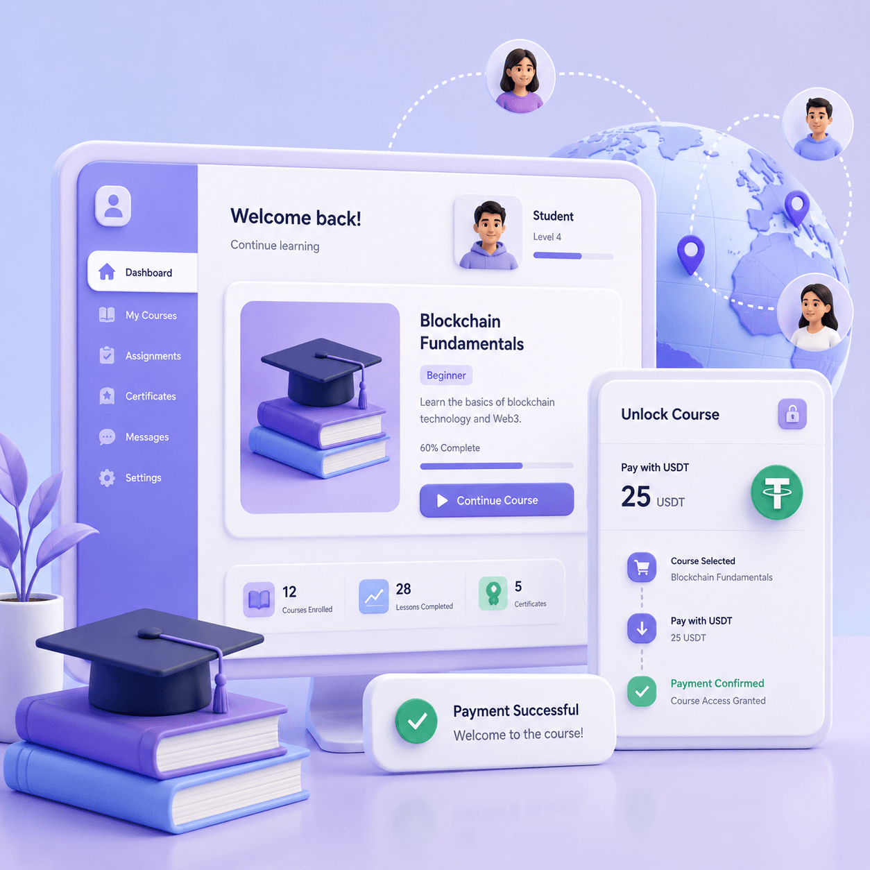 Мягкая 3D-иллюстрация LMS-платформы с оплатой онлайн-курса в USDT, цифровым кошельком и международными студентами