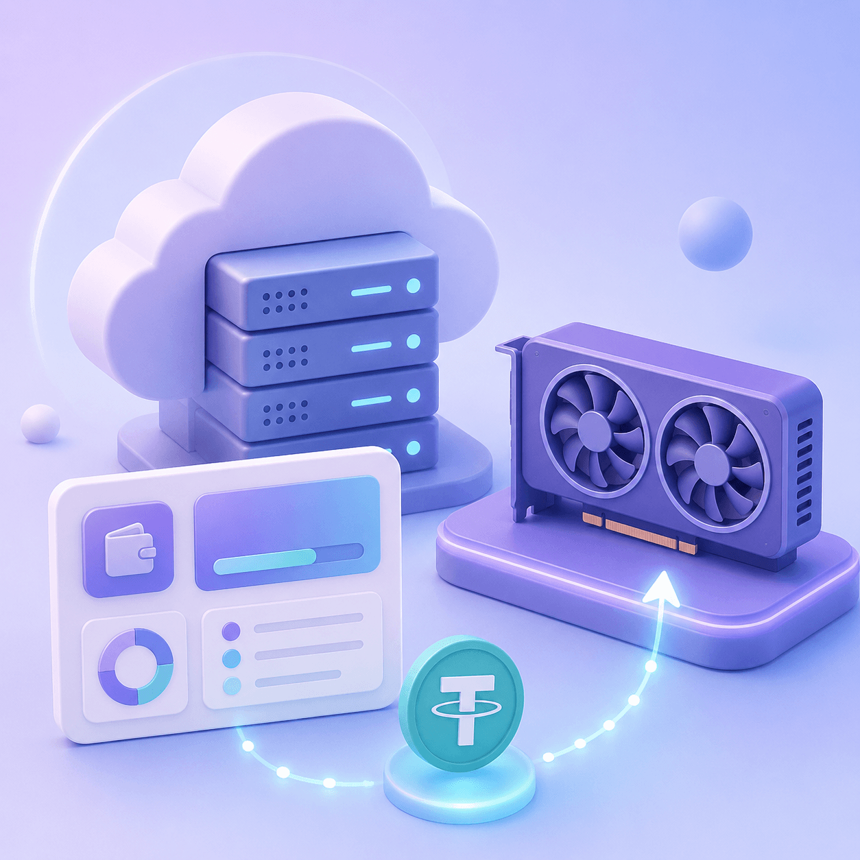 Абстрактная 3D-иллюстрация облачного сервера, GPU и цифрового баланса с криптоплатежом в USDT