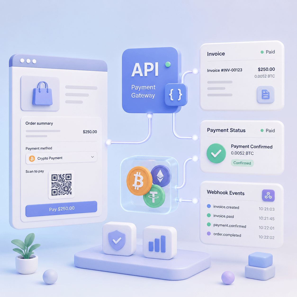Soft 3D fintech dashboard showing crypto payment API, webhook events, invoice status, and website checkout integration