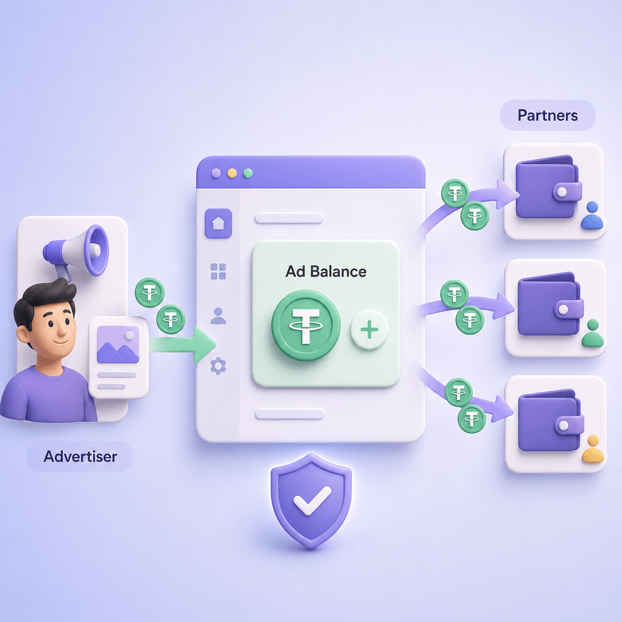 Ad network dashboard accepting USDT deposits from advertisers and sending crypto payouts to affiliates