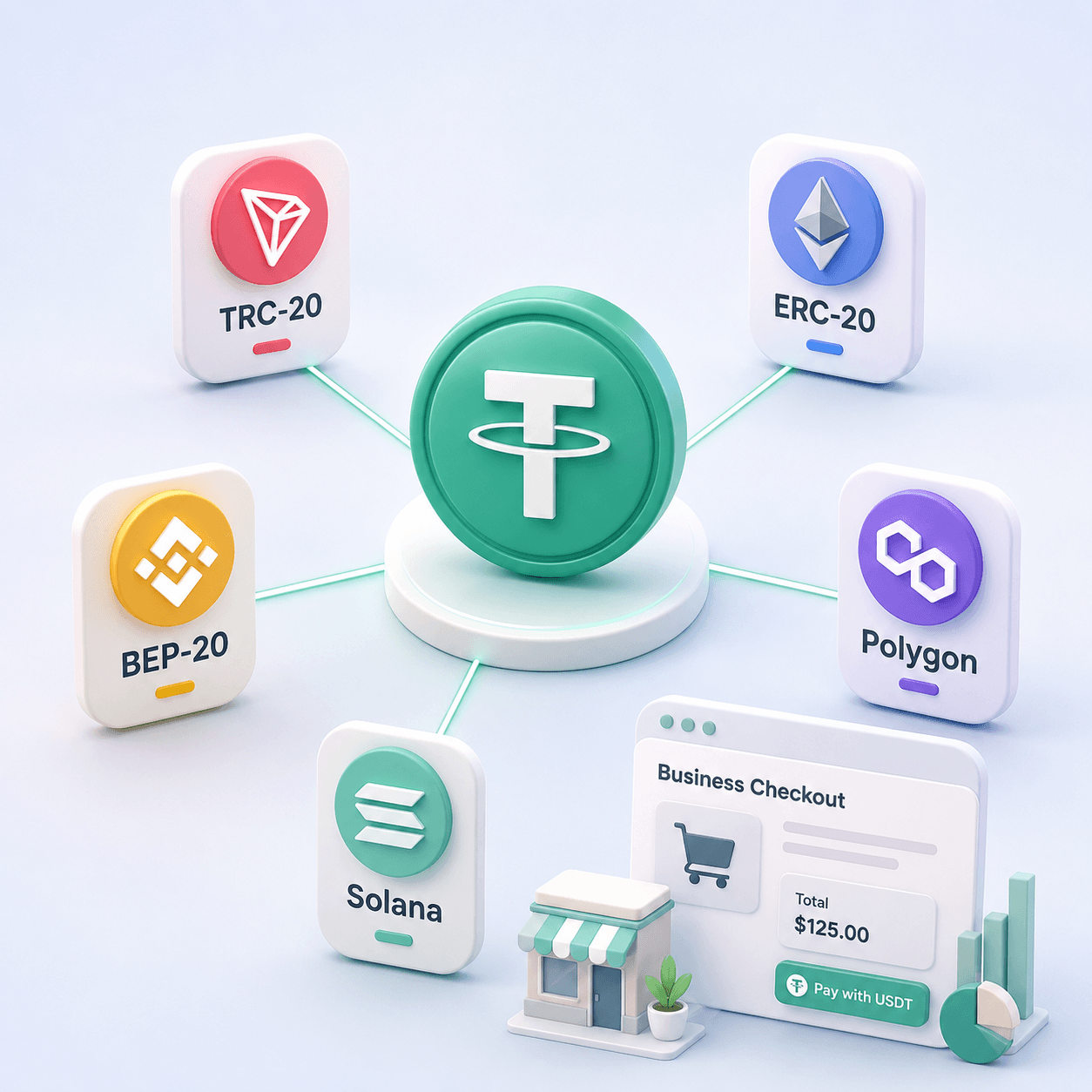 Сравнение сетей USDT для бизнеса: TRC-20, ERC-20, BEP-20, Polygon и Solana