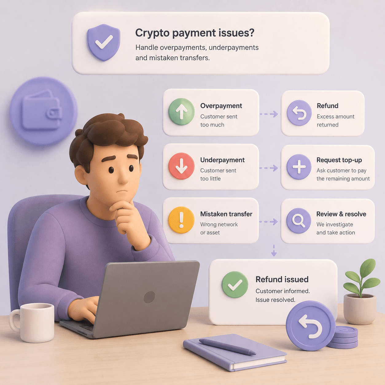 Finance and support teams reviewing crypto payment refunds, underpayments, overpayments, wrong network transfers, invoice status and transaction hash