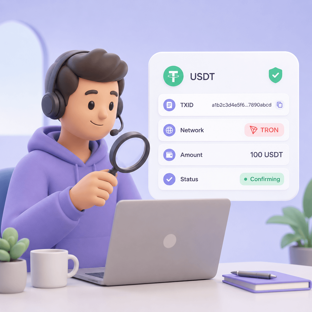 Специалист поддержки проверяет криптовалютный платёж по TXID, сети, сумме и статусу транзакции