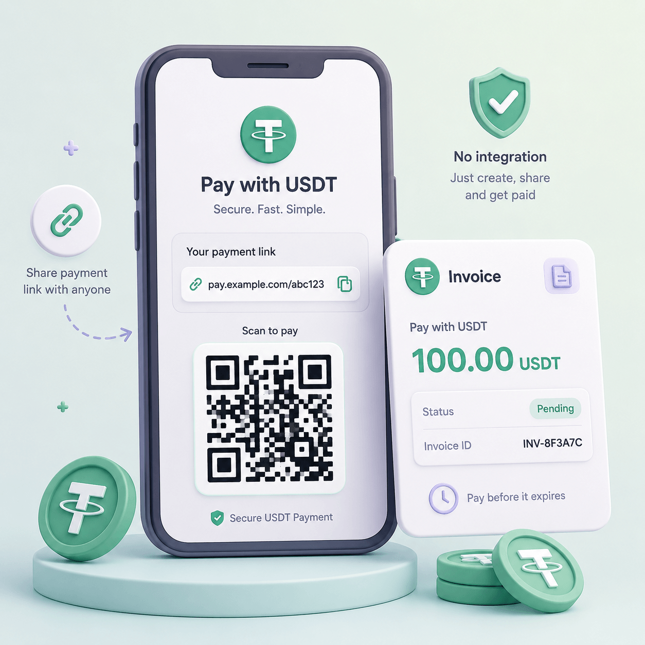 Crypto payment link and QR invoice for accepting USDT without full integration