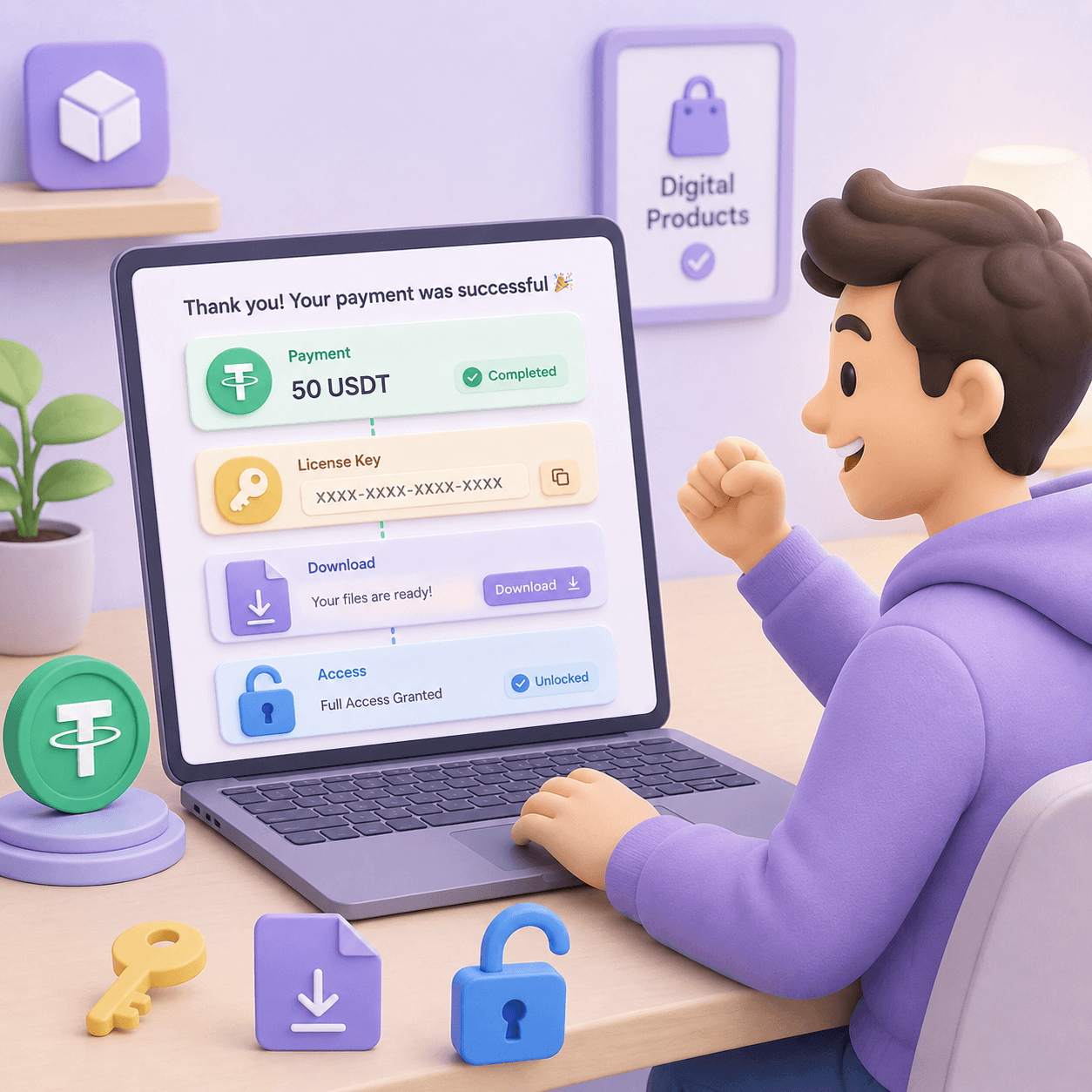 Дашборд цифрового продукта с криптоплатежом USDT, выдачей доступа, лицензией, файлом и статусом подписки