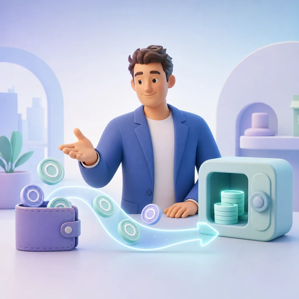 A calm business owner guiding a glowing stablecoin payment path from a crypto wallet into a clean company treasury account, showing crypto on-ramp and off-ramp flows becoming usable business money.
