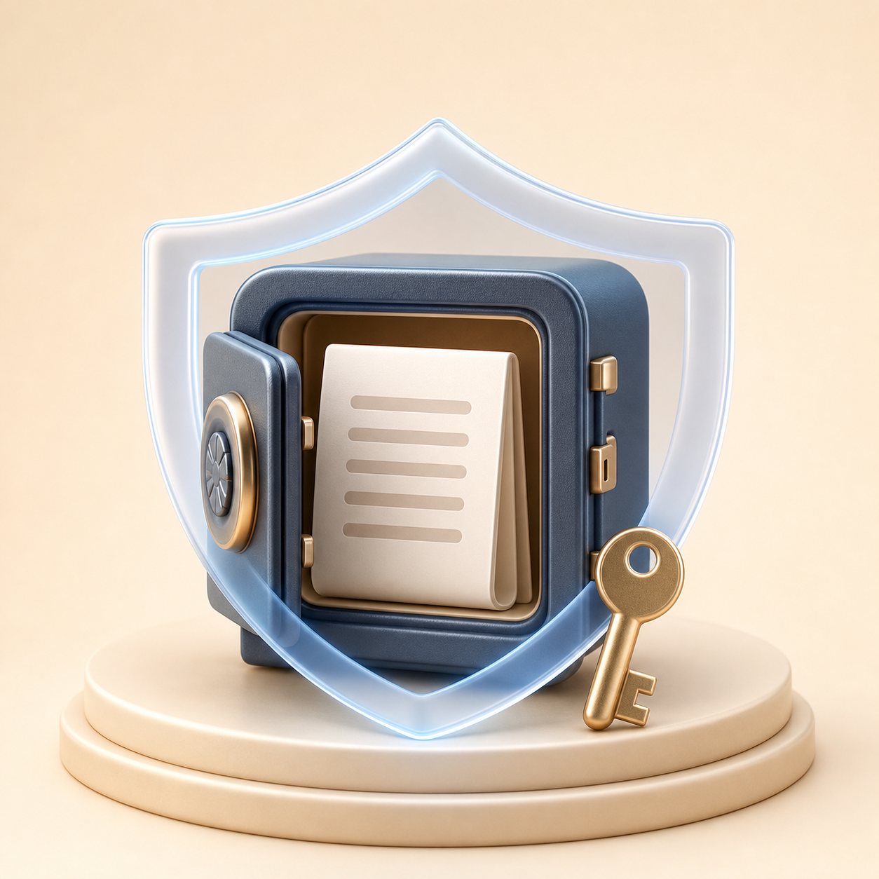 Защищённая backup-карта криптокошелька под прозрачным щитом и ключом в мягкой 3D-сцене.