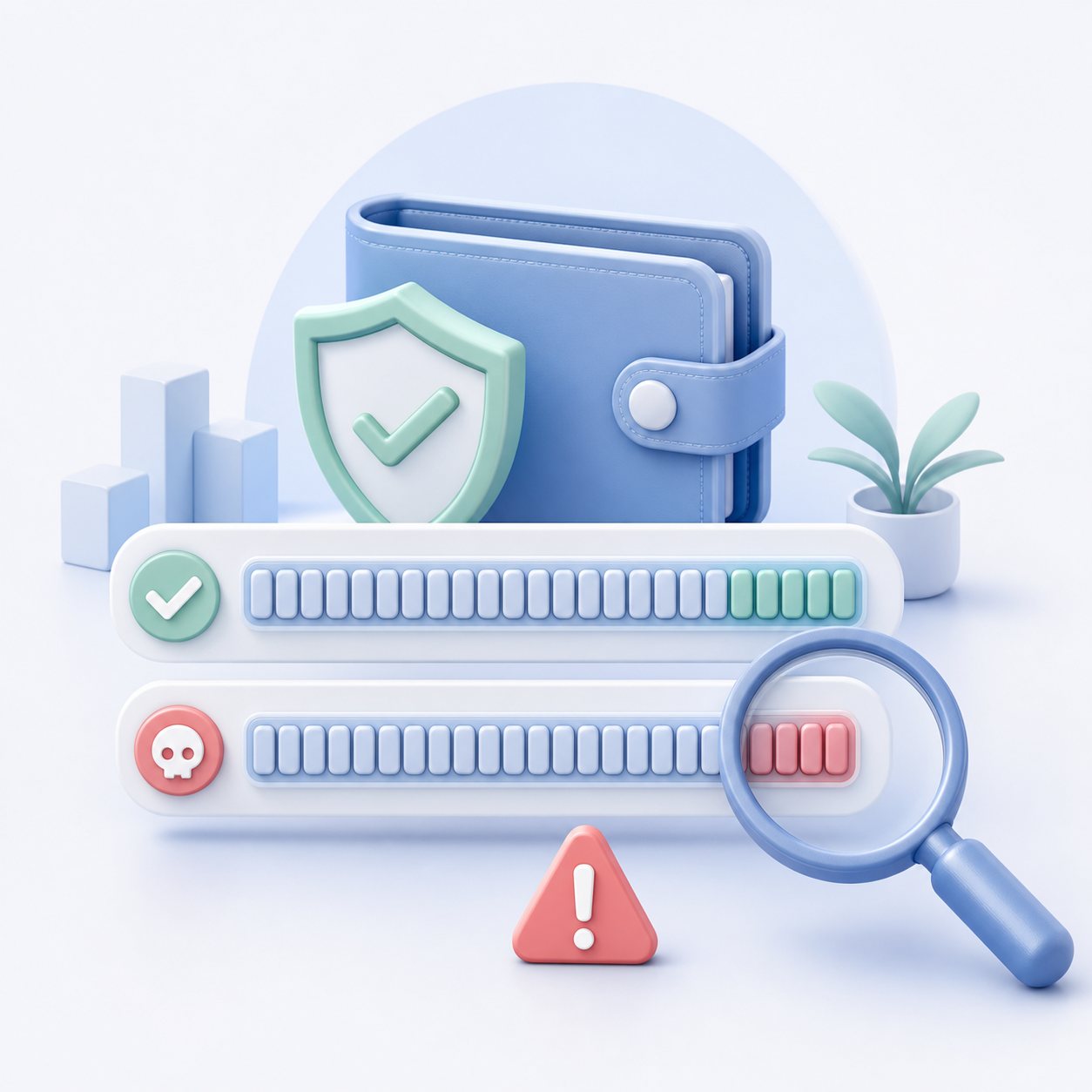 A crypto wallet address check scene with two lookalike address bars, a magnifying glass, and a warning symbol.