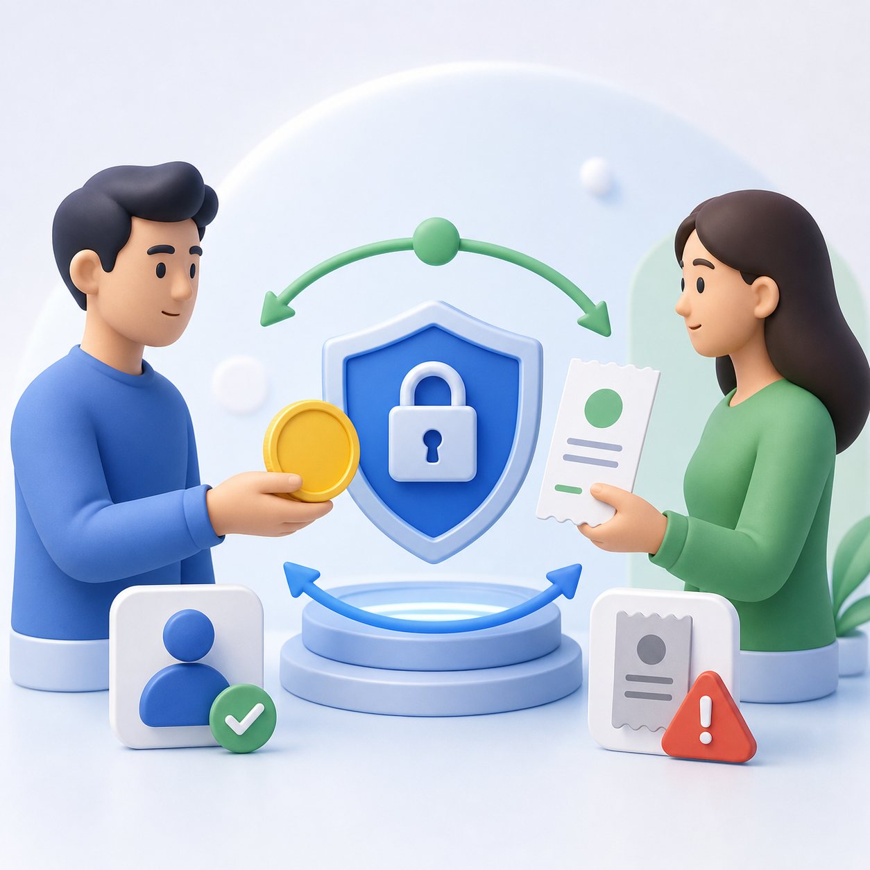 Два пользователя проводят защищённый P2P-обмен криптовалюты через эскроу-щит, рядом предупреждение о фейковом чеке.
