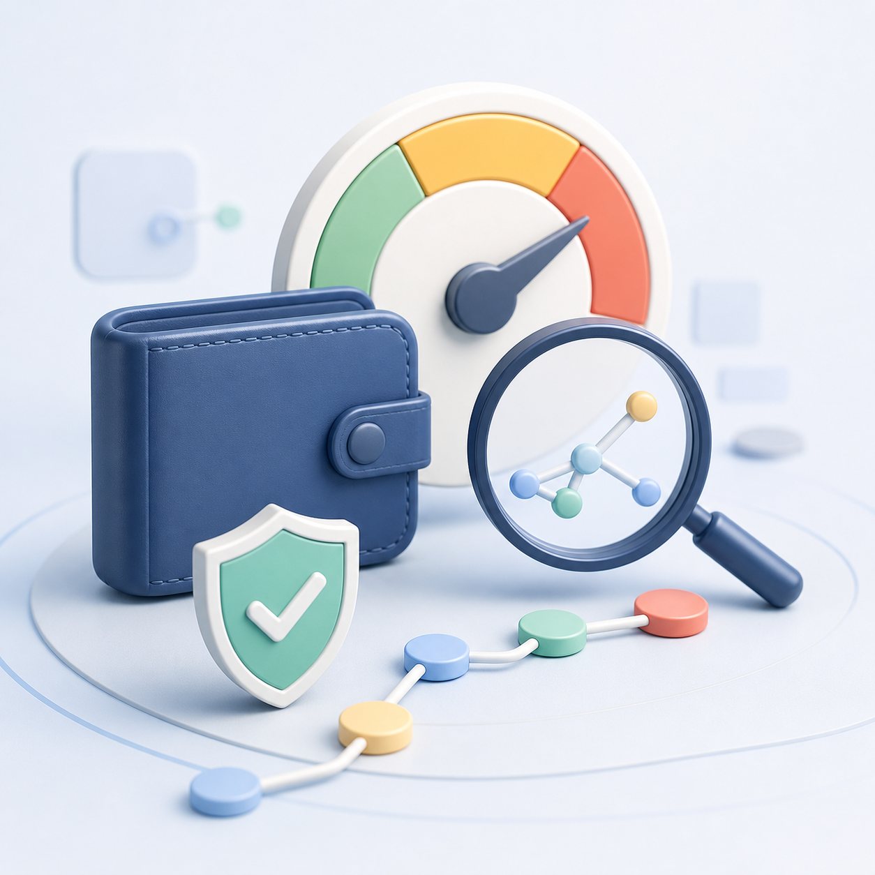 A crypto wallet risk review scene with a risk gauge, magnifying glass, transaction path, and shield icon.