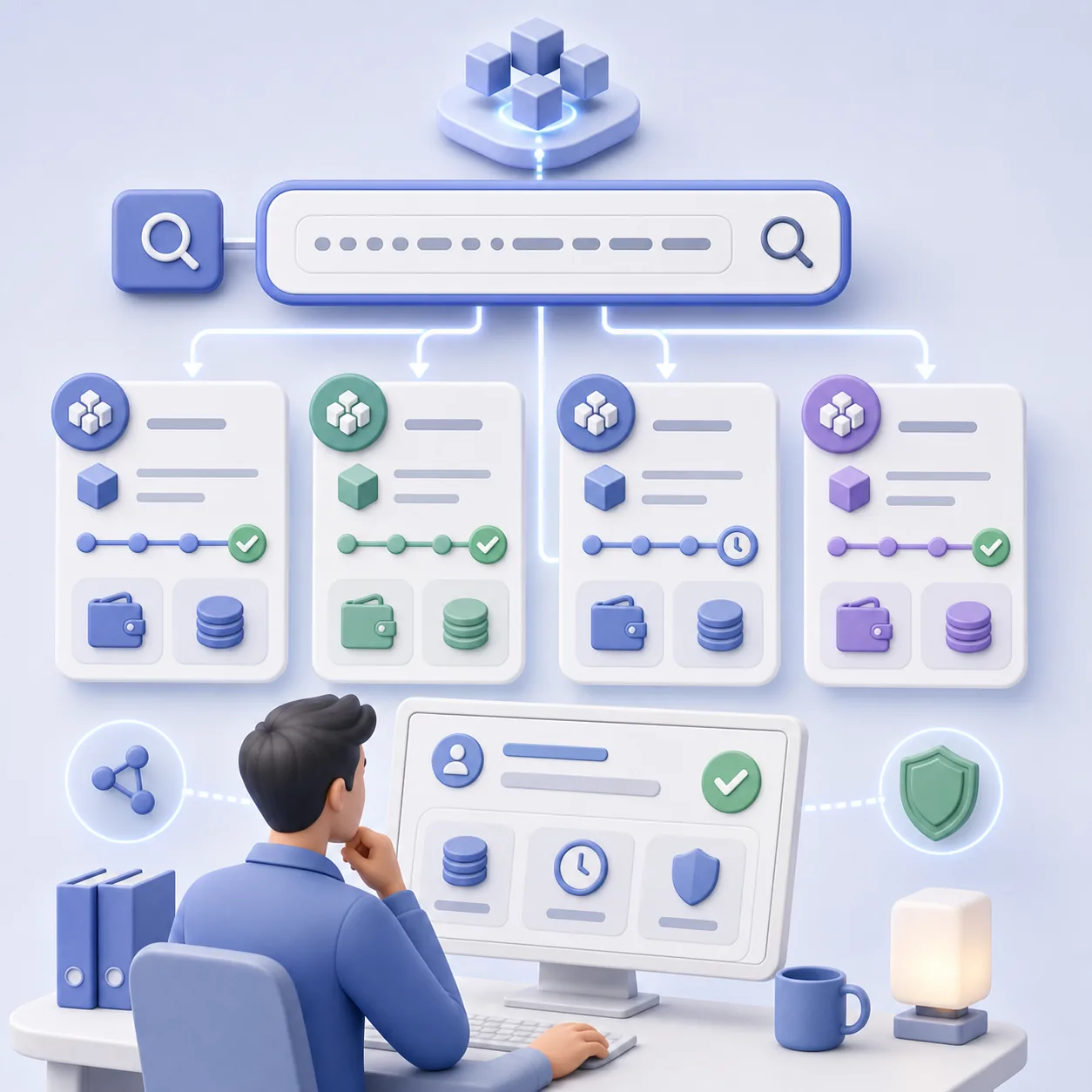 A support specialist checking a crypto transaction hash across several abstract blockchain explorer panels.