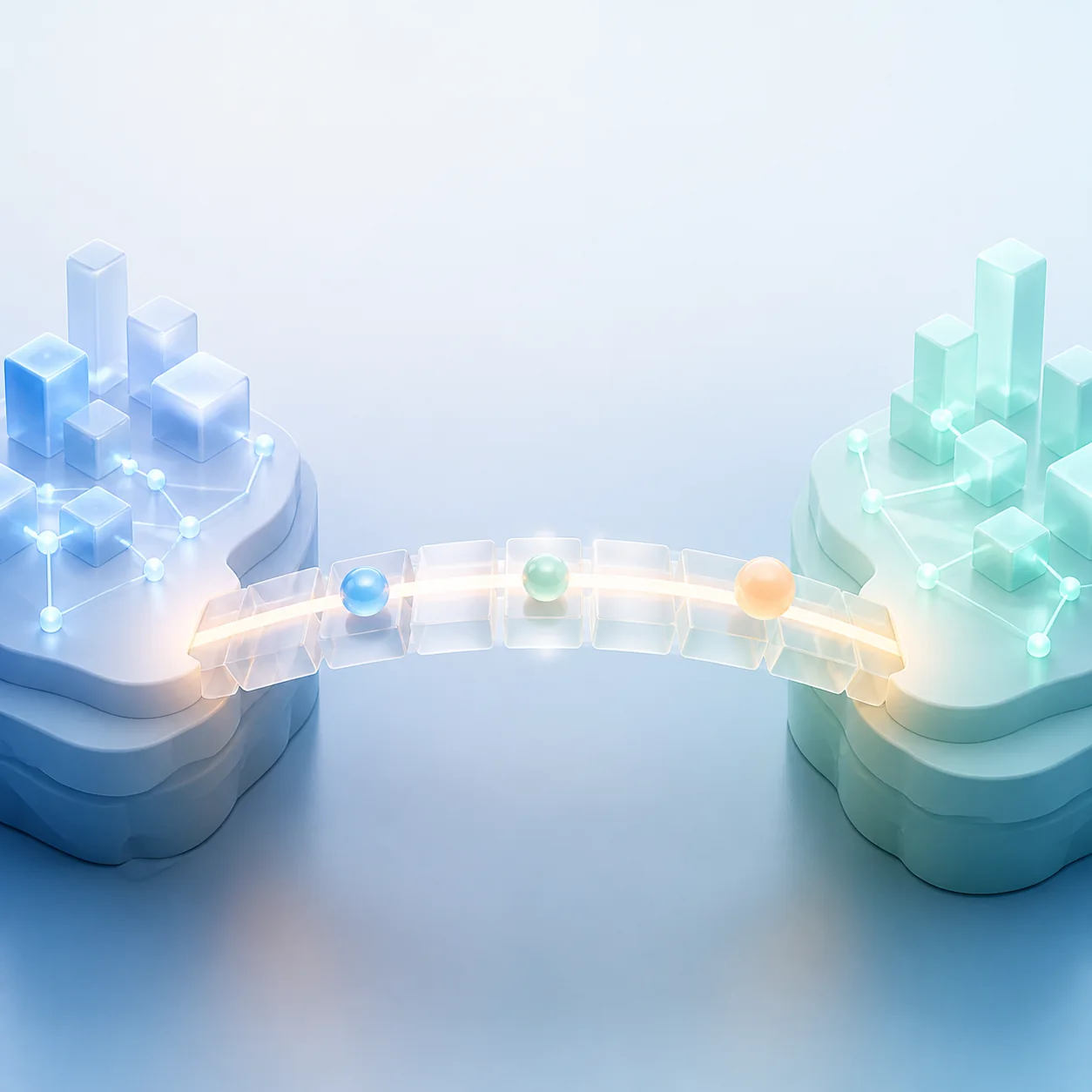 Soft 3D illustration of a glowing bridge connecting two abstract blockchain networks