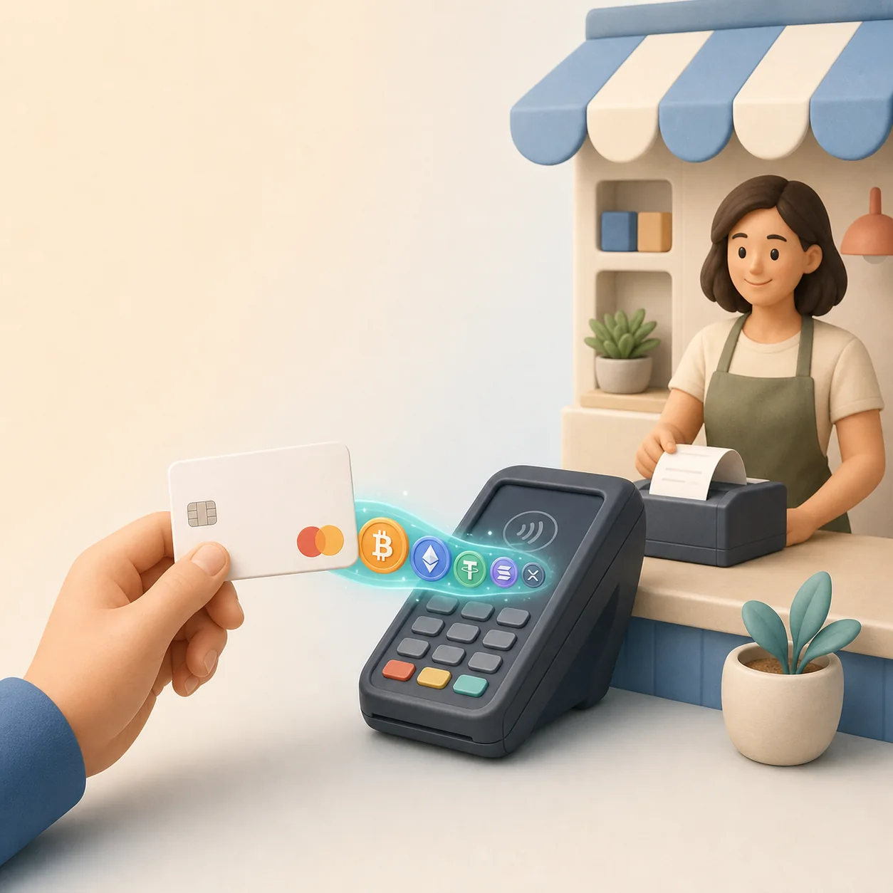 Покупатель прикладывает Mastercard к терминалу, а разные криптовалюты перетекают непосредственно от карты в терминал