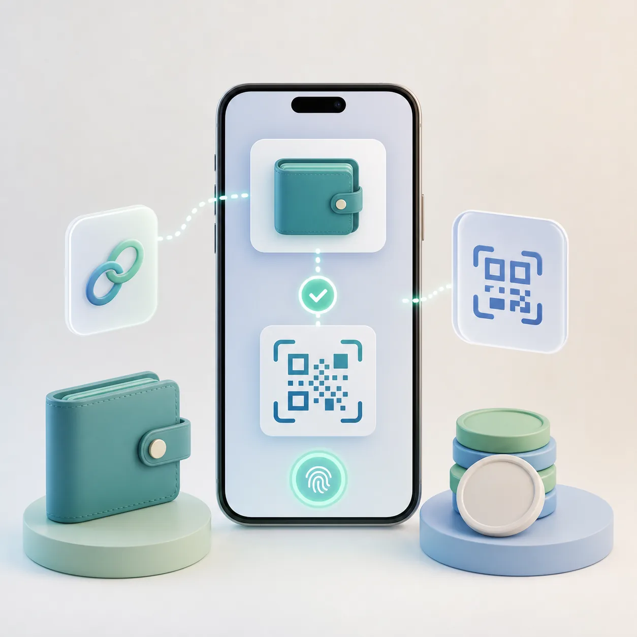 Брендовая обложка WalletConnect с мобильным кошельком, QR-оплатой и биометрическим подтверждением.