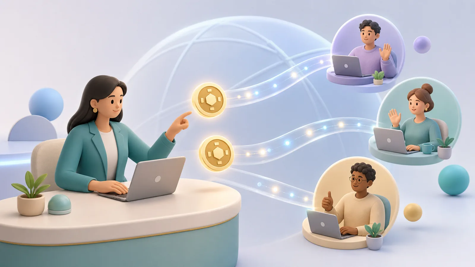 Soft 3D illustration of a finance team sending USDT and USDC payments to international contractors