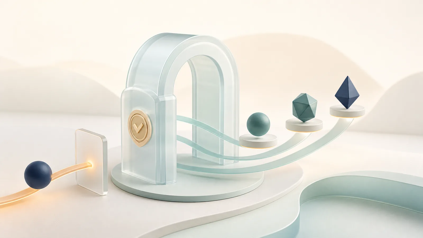 Soft 3D finance operations scene with approved crypto destinations passing through a secure gateway