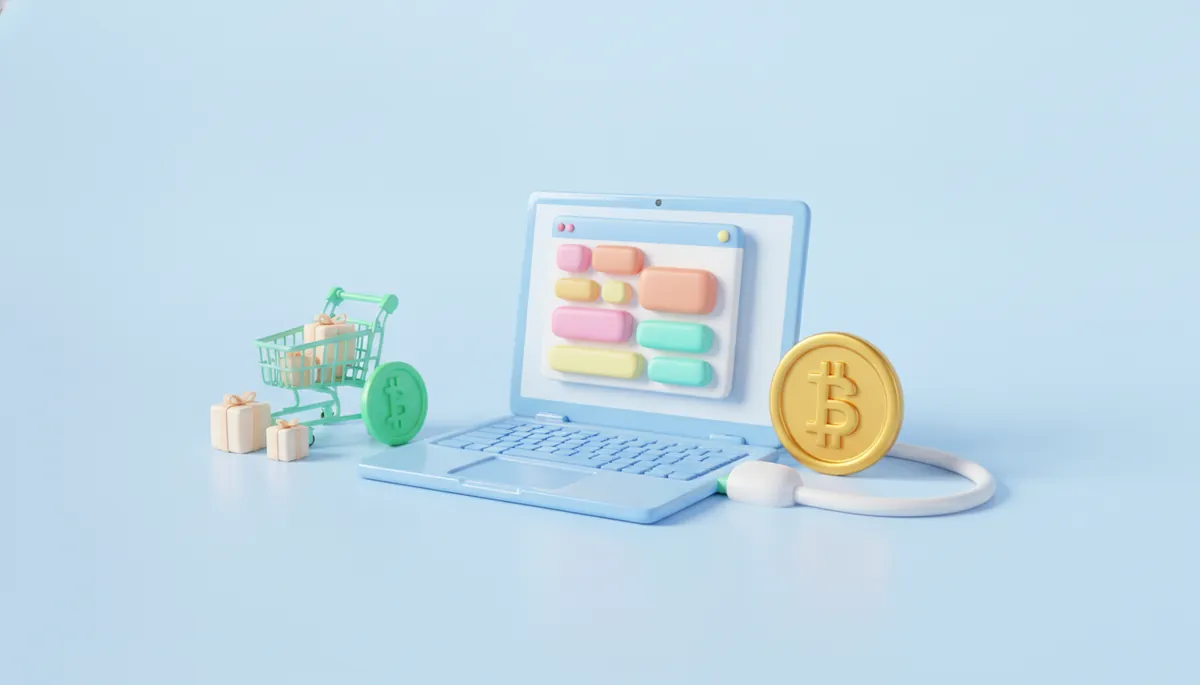 A laptop with a checkout page, a golden coin connected to it by a cable and a small shopping cart beside it — connecting crypto processing to a website