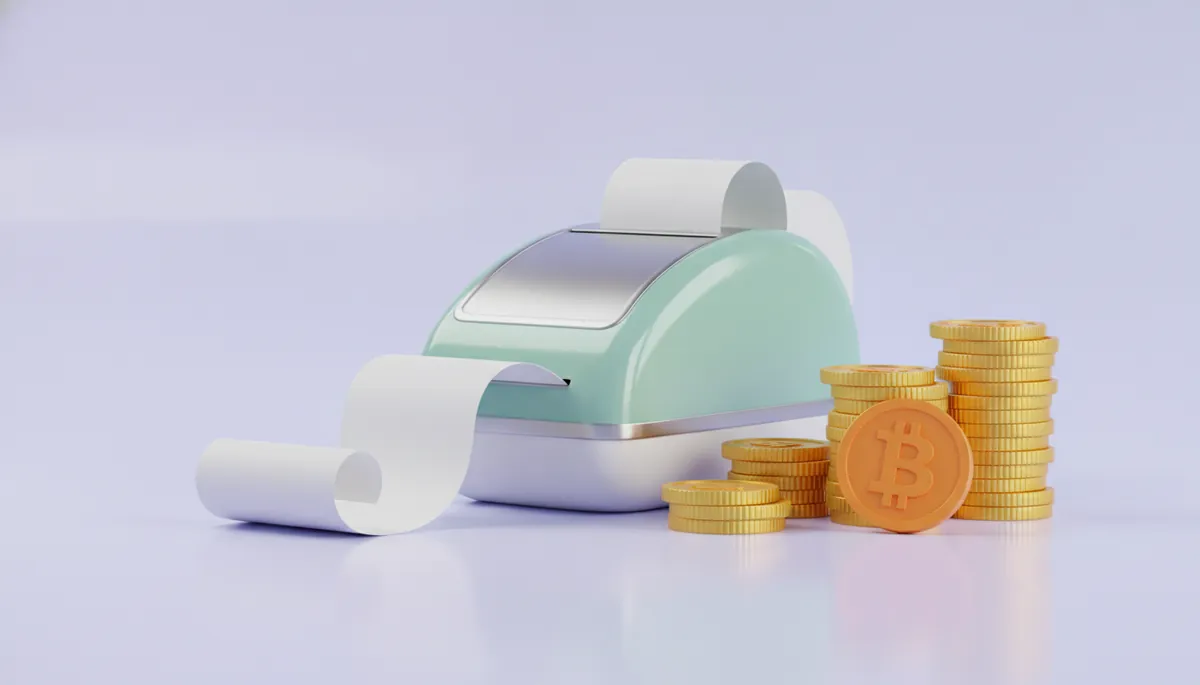 A payment terminal printing a long receipt beside stacks of golden coins of different heights — the parts that make up the cost of one crypto payment