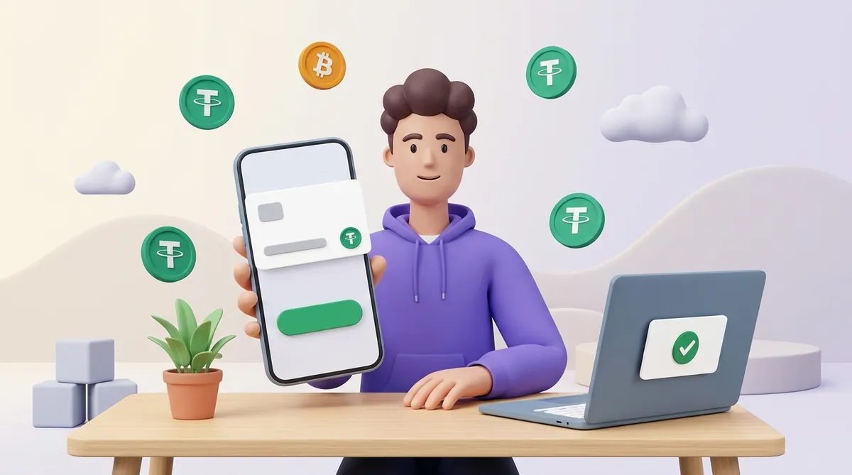 Someone holds a phone showing a USDT payment page while the laptop beside them shows the payment confirmed