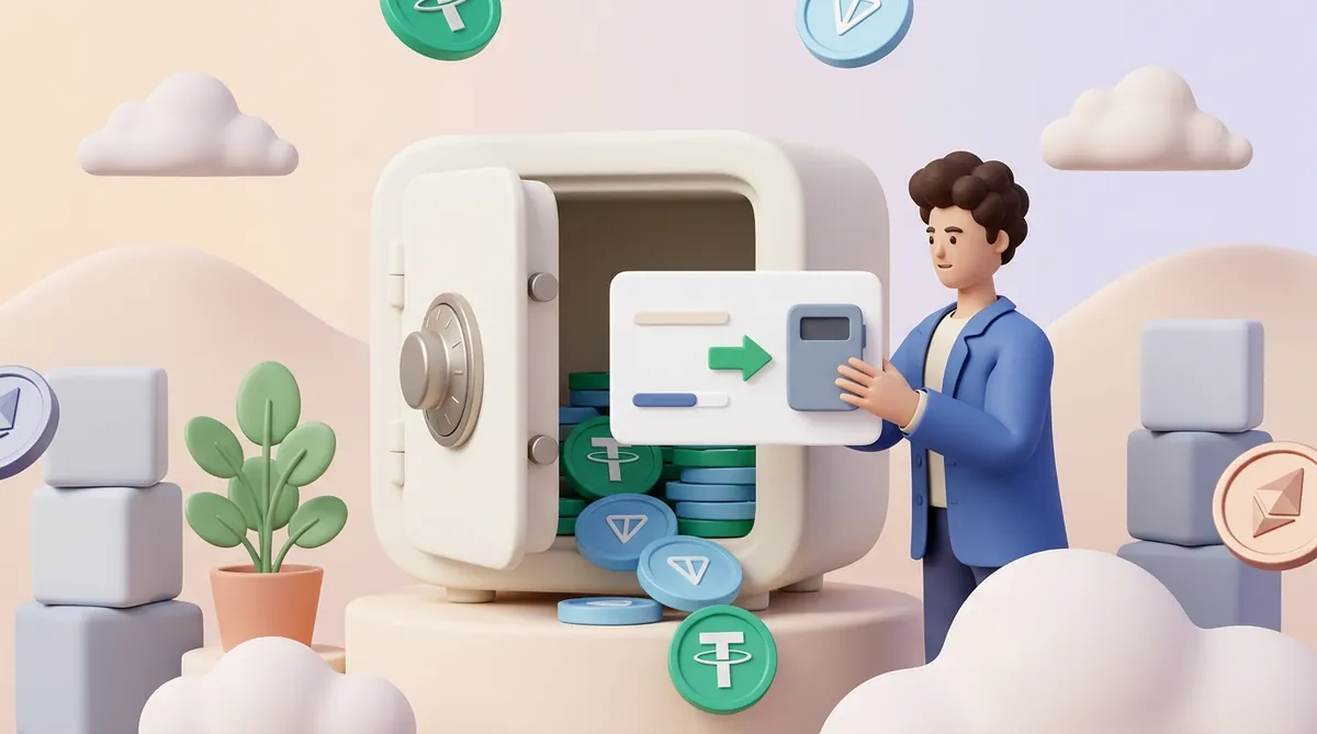 An open safe holding USDT and TON coins, a balance panel and an arrow pointing to the seller's own wallet