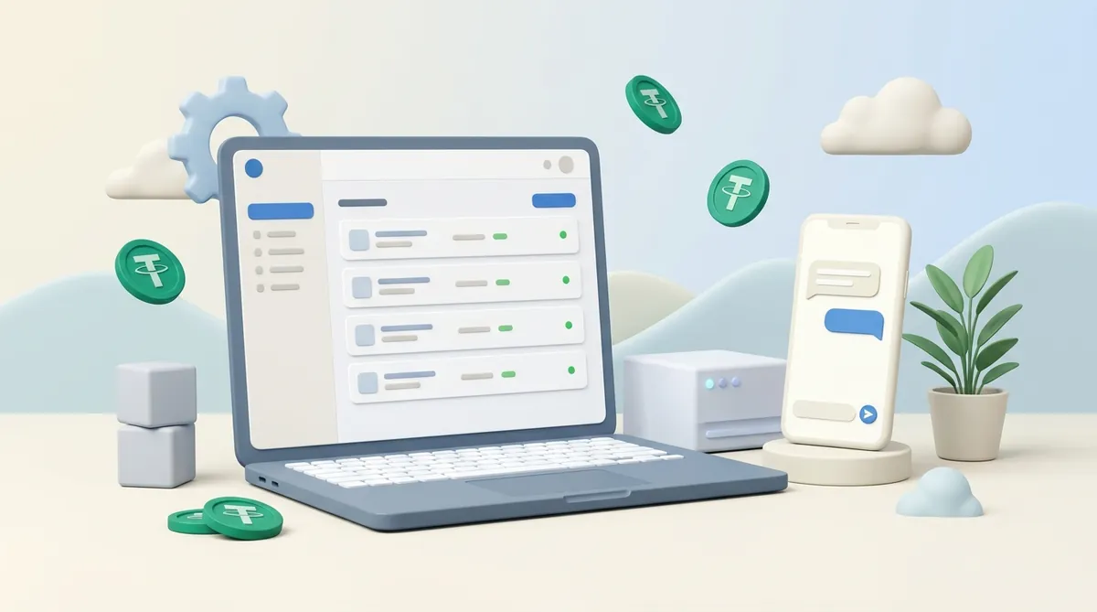 A laptop with an order dashboard, a phone with a bot chat and a small server: payment and delivery run without anyone touching them