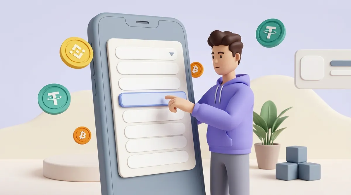 A person picking one line out of a network list on a phone withdrawal screen, with USDT, BNB and bitcoin coins floating around
