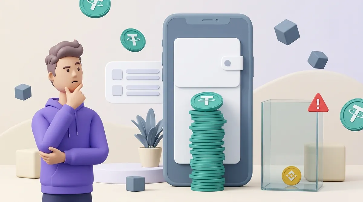 A phone wallet holding a tall stack of USDT next to an almost empty glass tank with a single BNB coin and a red warning sign