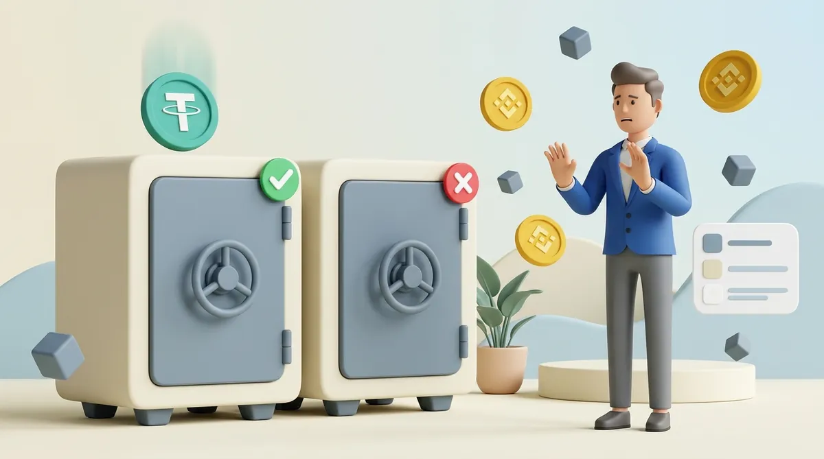 Two identical-looking safes side by side, a USDT coin dropping into the one marked with a green check while the other carries a red cross