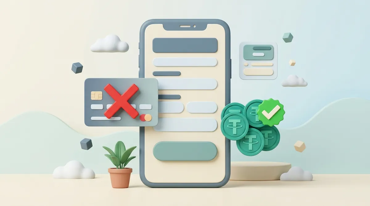 A deposit screen on a phone: a bank card entry marked with a red cross, USDT coins beside it with a green tick