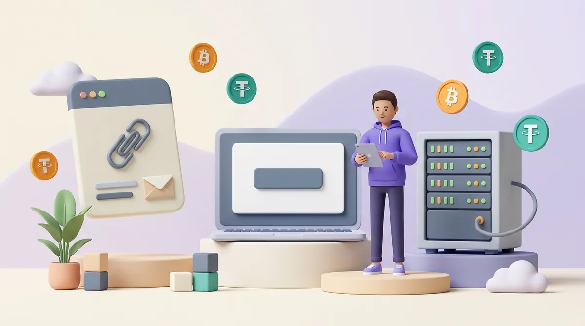 A payment link, a website with a pay button and a server rack side by side