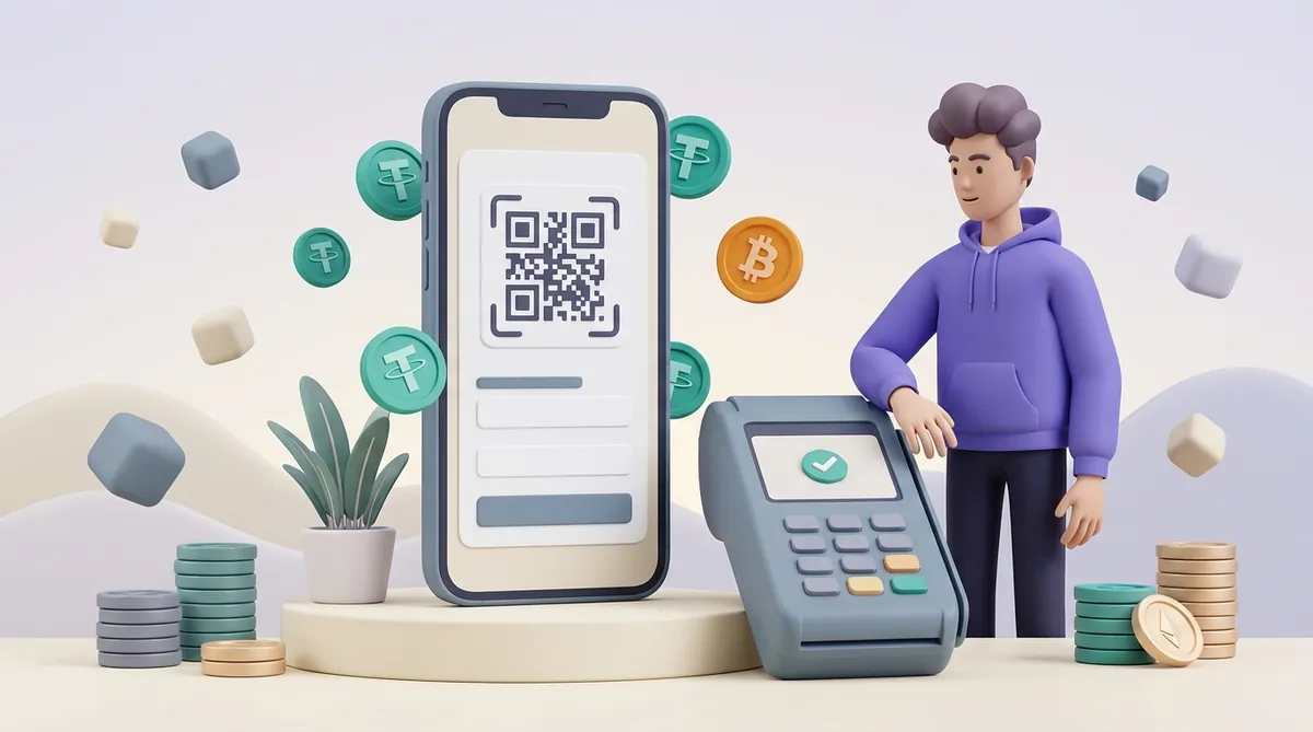 Player's phone showing a crypto deposit screen next to a casino cashier terminal, with USDT and bitcoin coins between them