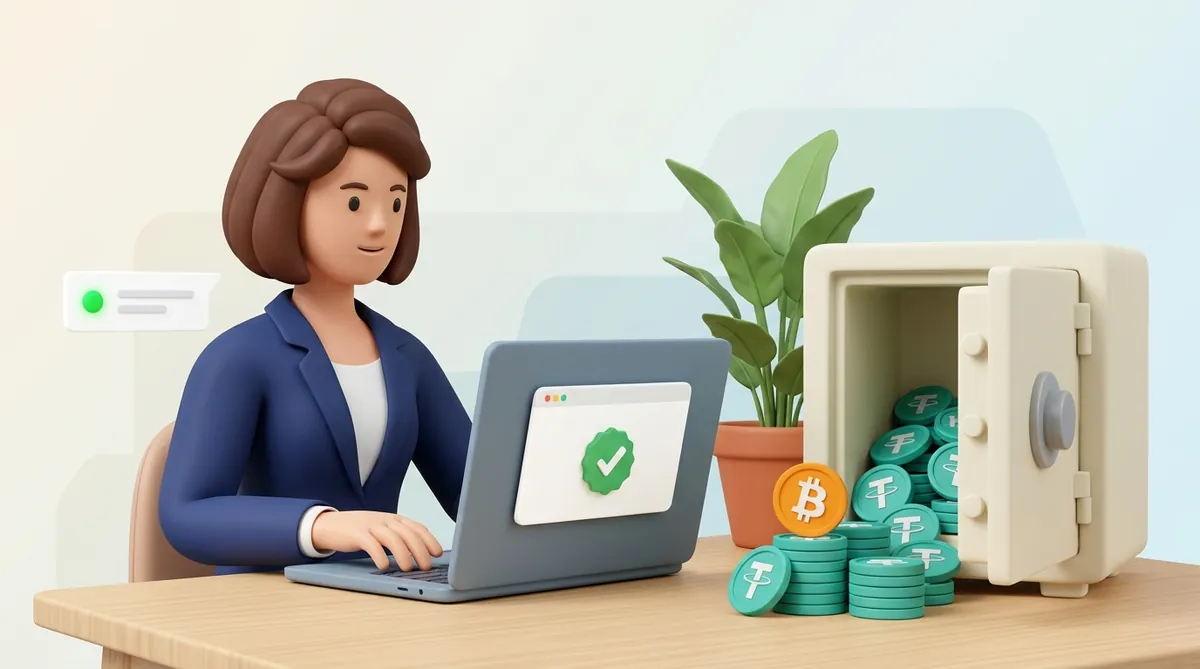 A person at a laptop showing a green checkmark, beside an open safe with stacks of USDT and a payment notification card