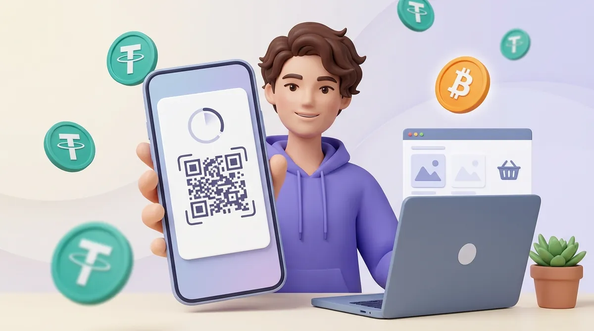 A person holding up a phone with a payment page — a QR code and a circular invoice timer — beside a laptop showing an online store, with USDT and bitcoin coins floating around