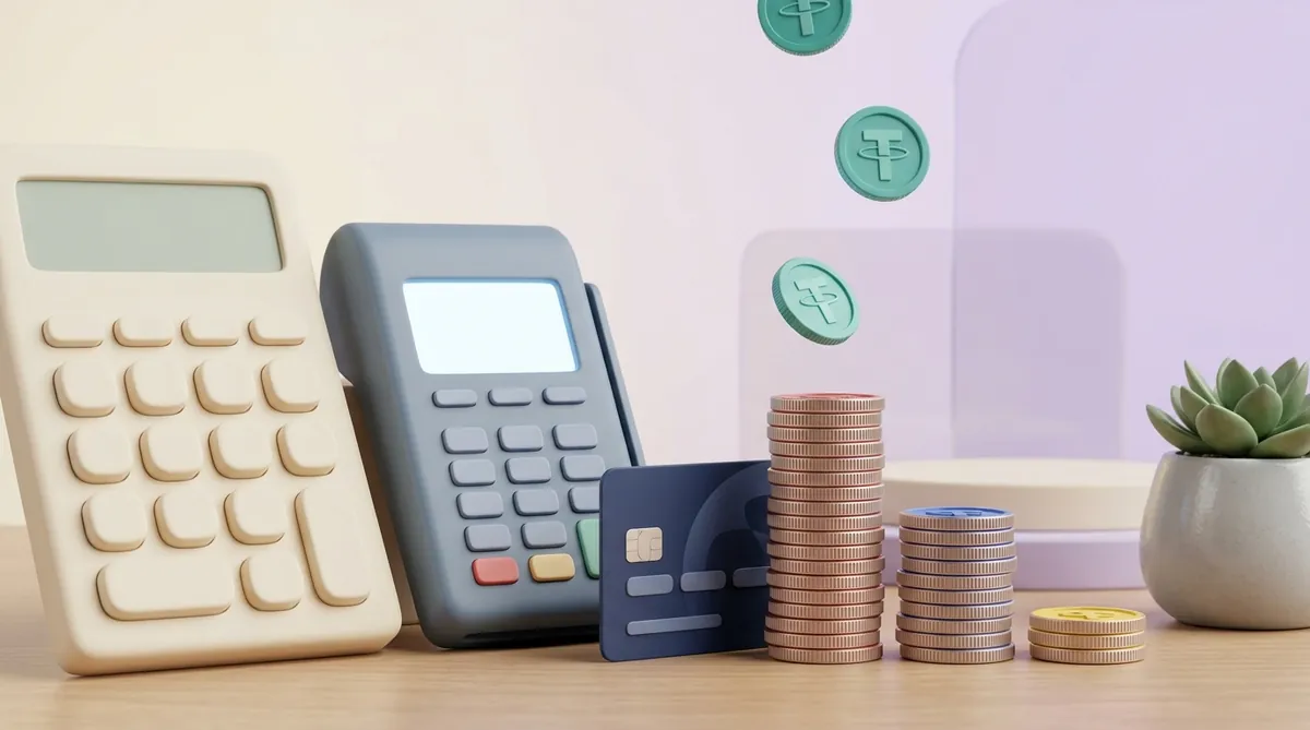 A calculator, a payment terminal and a bank card on a desk beside three coin stacks of different heights — the cost of accepting crypto adds up from several parts