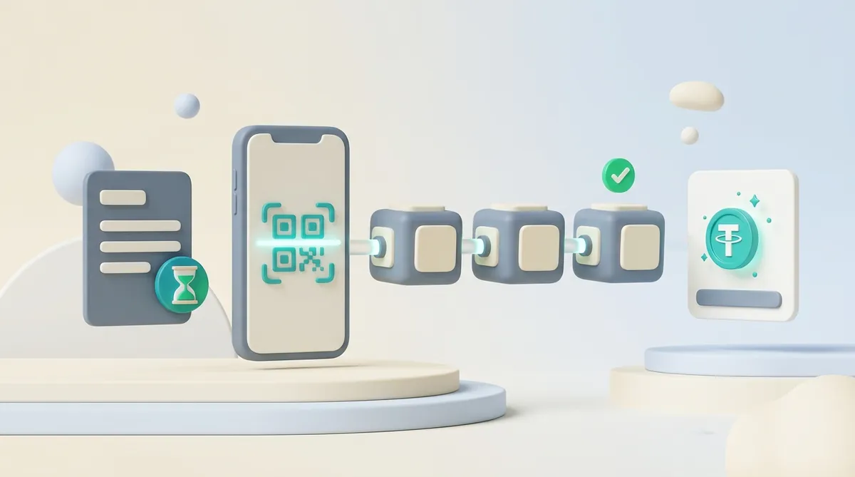 The path of one crypto payment: invoice, QR scan on a phone, network confirmations, stablecoin credited to the merchant balance