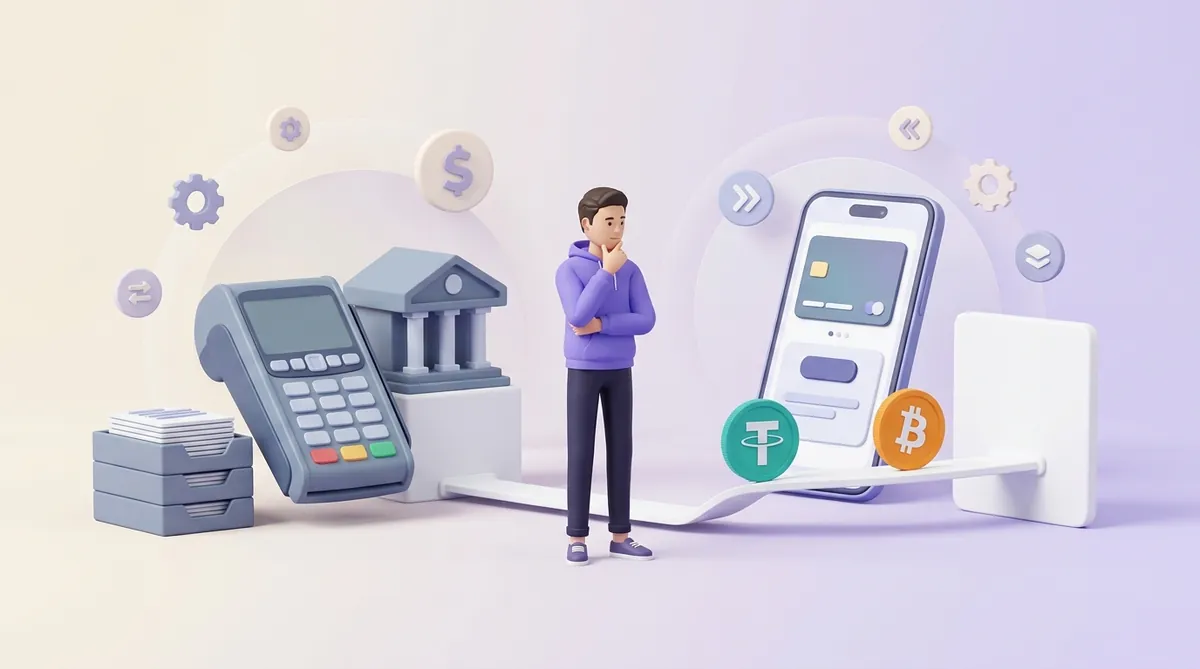 Card payment route with a terminal and a bank beside a crypto route with a wallet, stablecoin and bitcoin coins going to a merchant balance