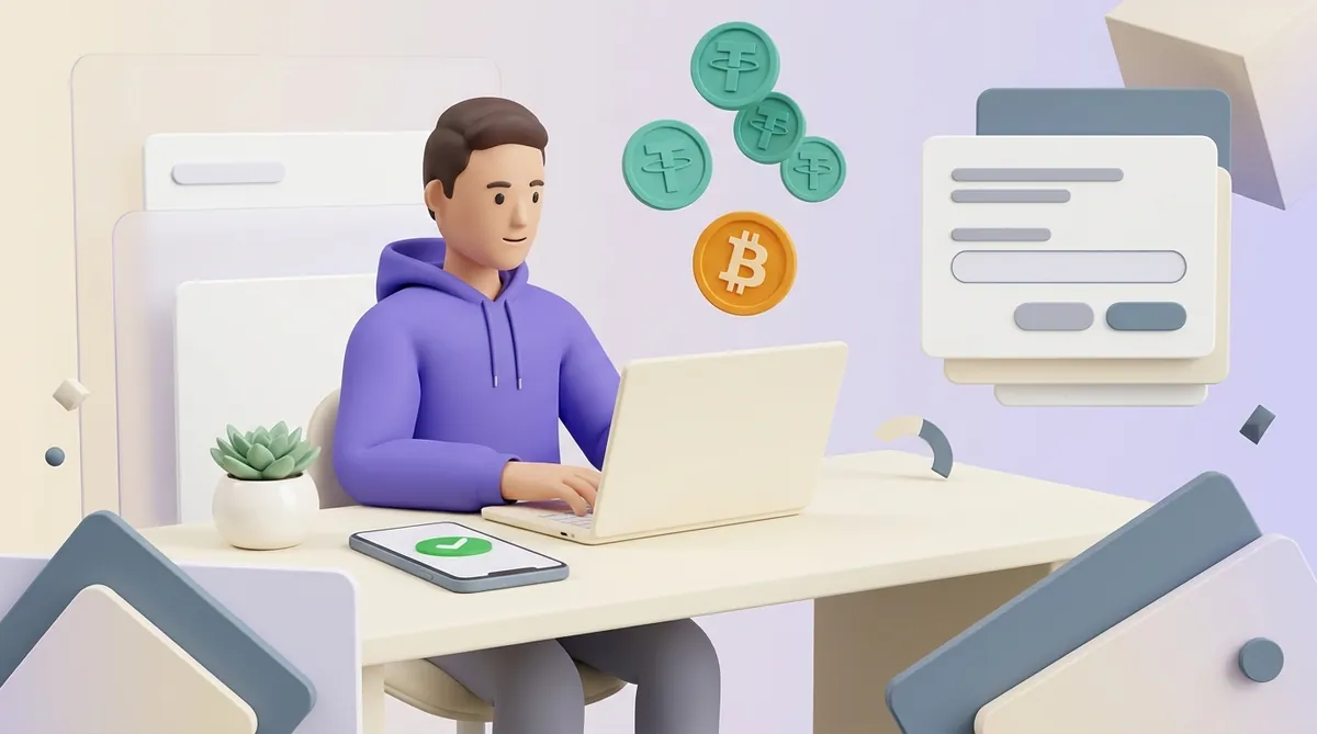 An advertiser at a laptop topping up an account balance, with tether and bitcoin coins above the desk and a confirmed payment on a phone