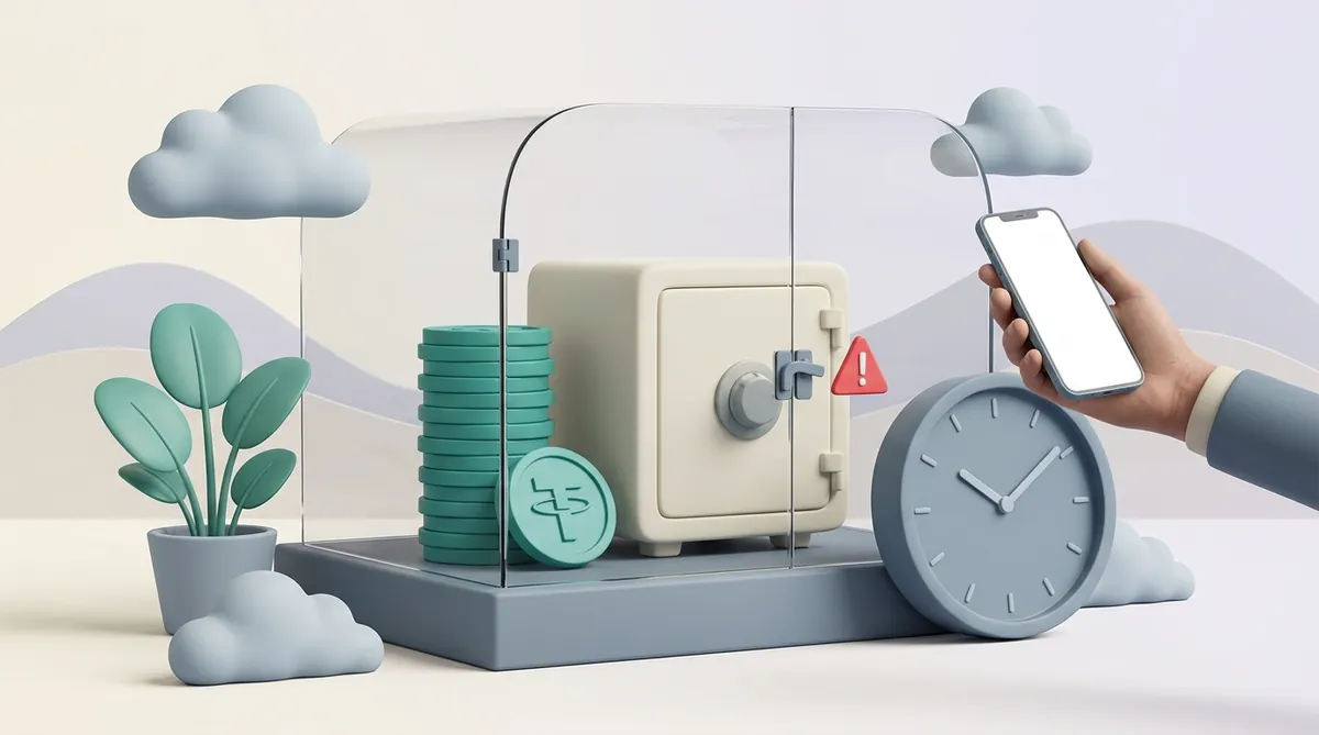 A stack of tether coins and a strongbox held behind a closed glass barrier beside a clock, while a partner waits with a phone on the other side