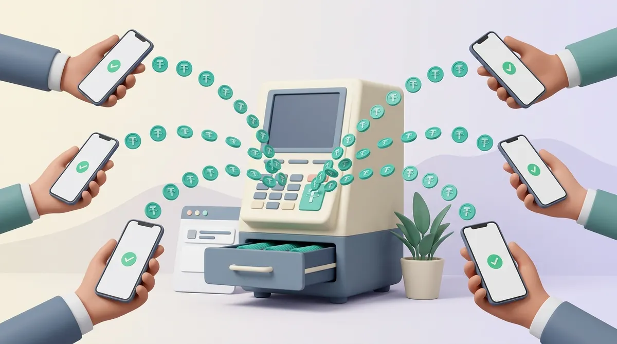 One payout terminal sending streams of tether coins out to phones held by many different partners