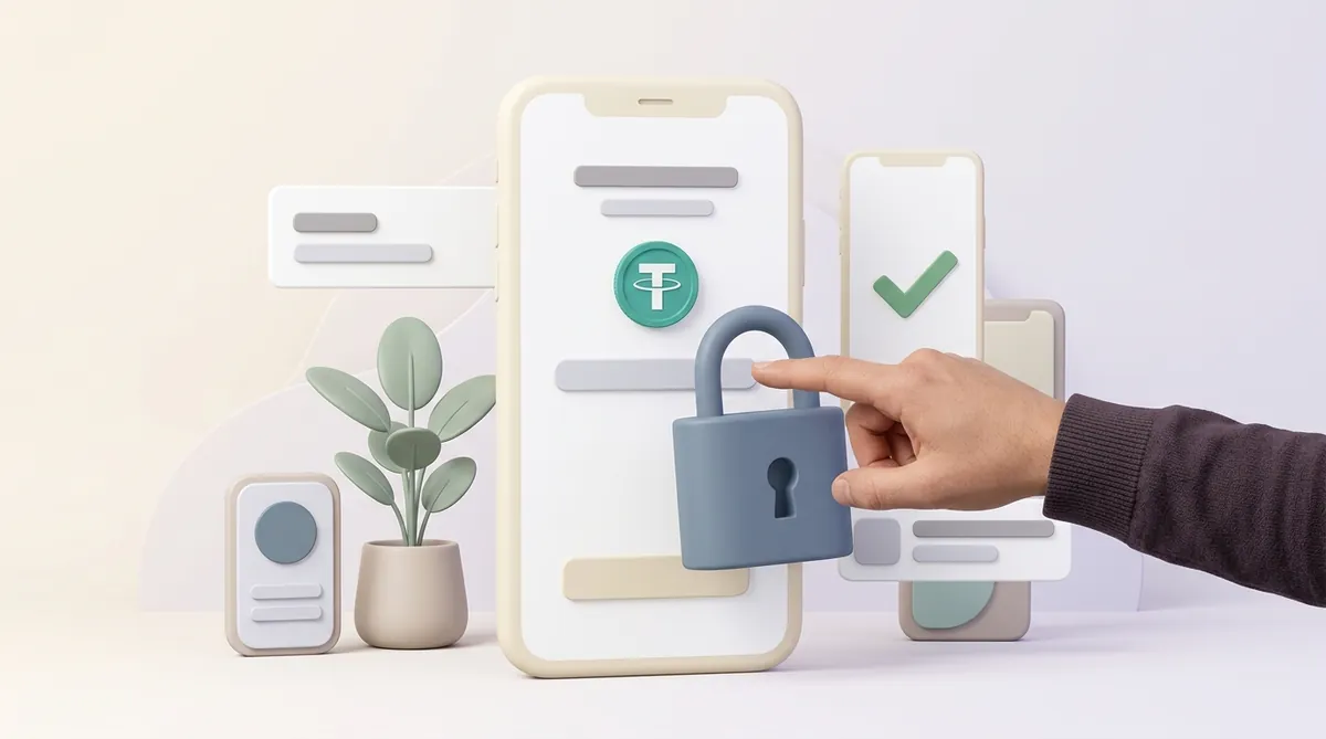 A hand reaching to change payout wallet details on a phone while a closed padlock blocks the action and a second device shows a confirmation