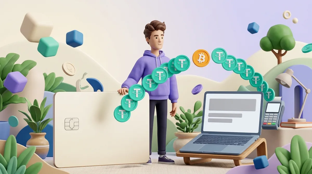 A merchant watching a stream of stablecoin coins arc from a payment terminal to a bank card — the route the money takes after the customer pays.