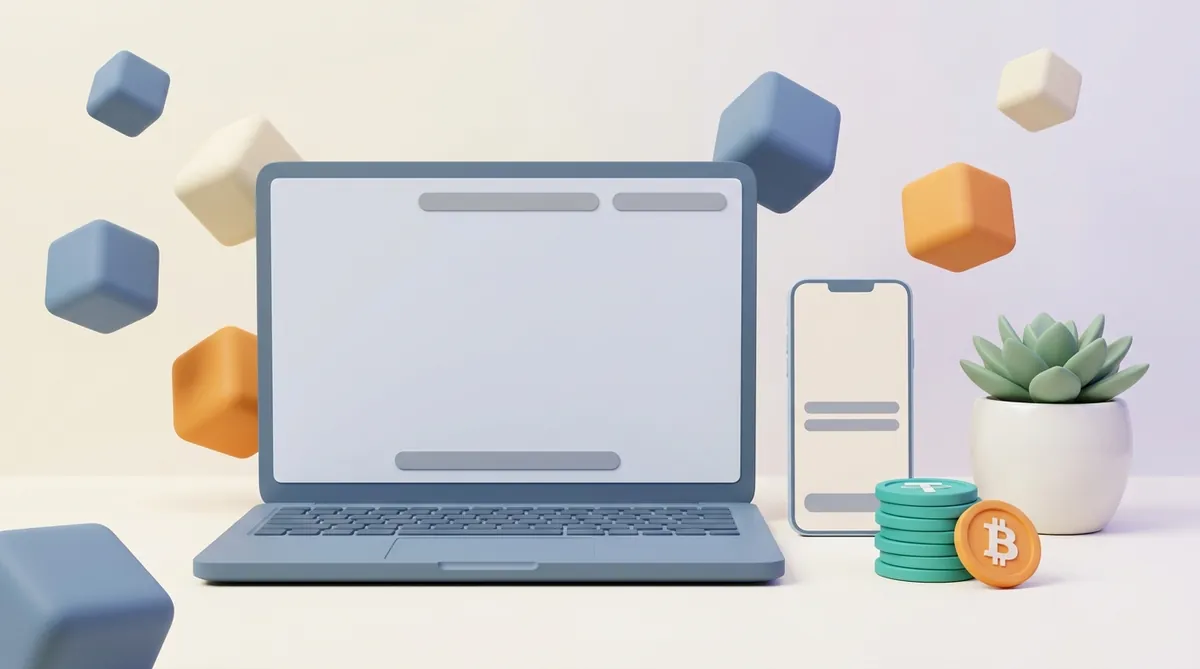 A laptop and a phone with blank screens beside untouched stacks of crypto coins — the Commerce portal no longer opens, but the money is still there.