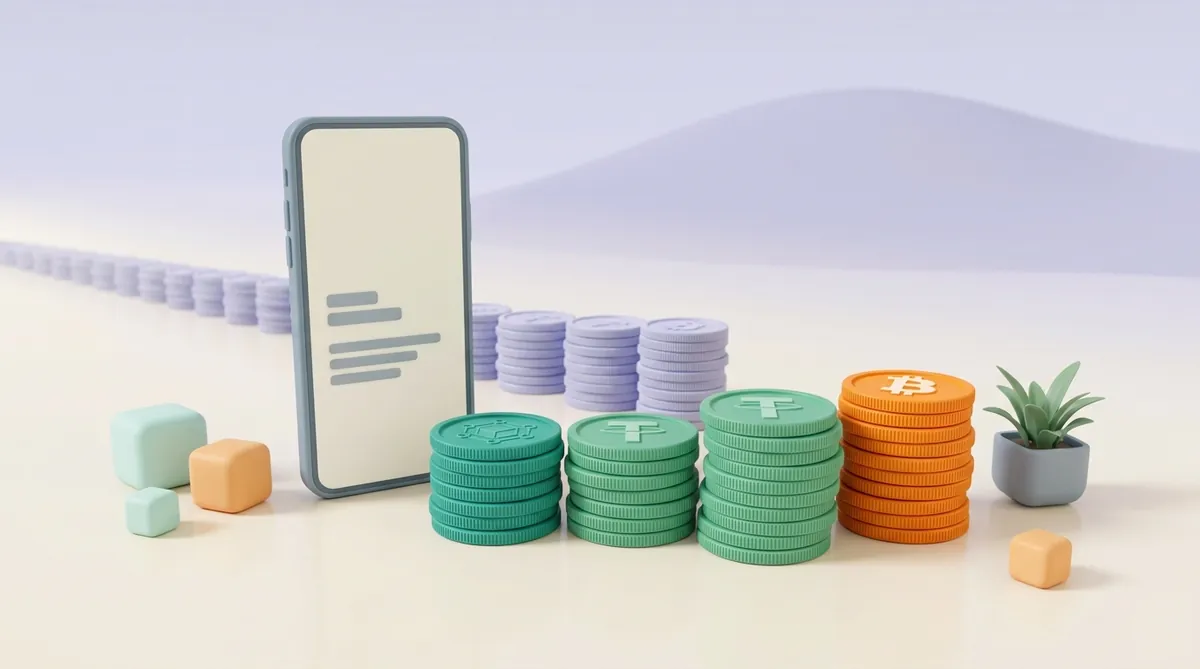 Four bright coin stacks close to a phone and a long row of pale stacks fading into the distance — a wallet scans only the nearest addresses and misses the rest of the balance.