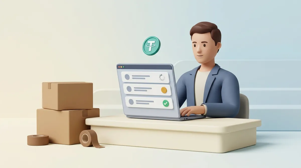 A store owner at a laptop watching three order rows change status, shipping boxes beside the desk.