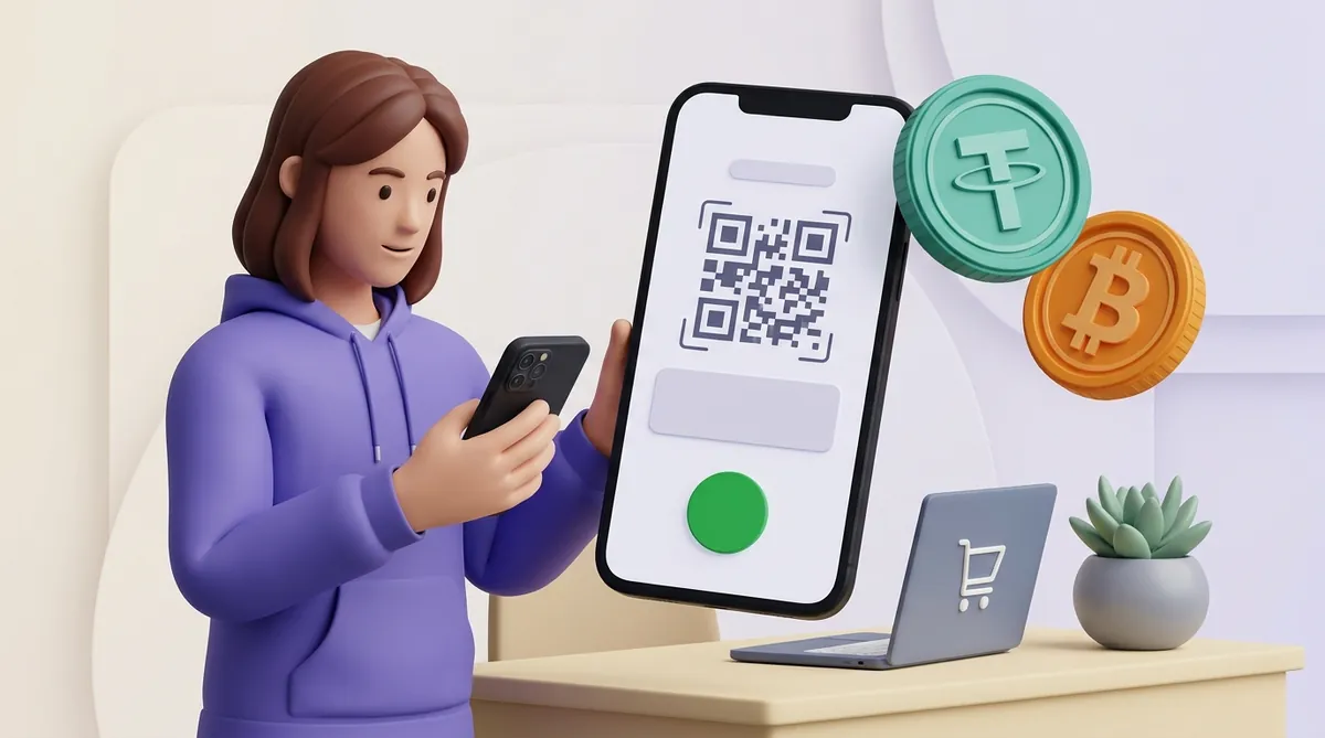 A shopper holds a phone showing a crypto checkout screen with a QR code, tether and bitcoin coins beside it.