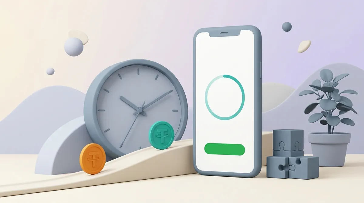 A phone with a countdown ring next to a desk clock, a tether coin arriving ahead of a slower coin.