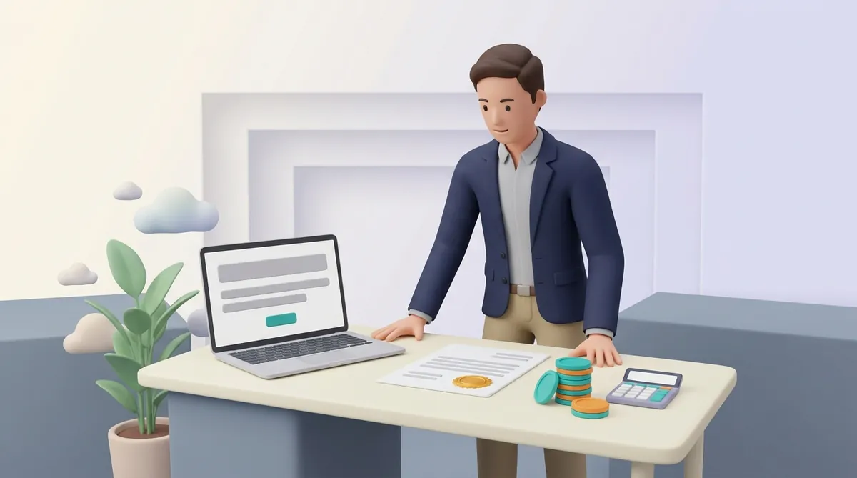 A payment provider at a desk looking at a laptop, a sealed licence document and a stack of coins beside a calculator.