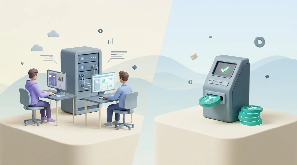 Two developers at monitors beside a server rack on one side, a single payment terminal taking a stablecoin coin on the other.