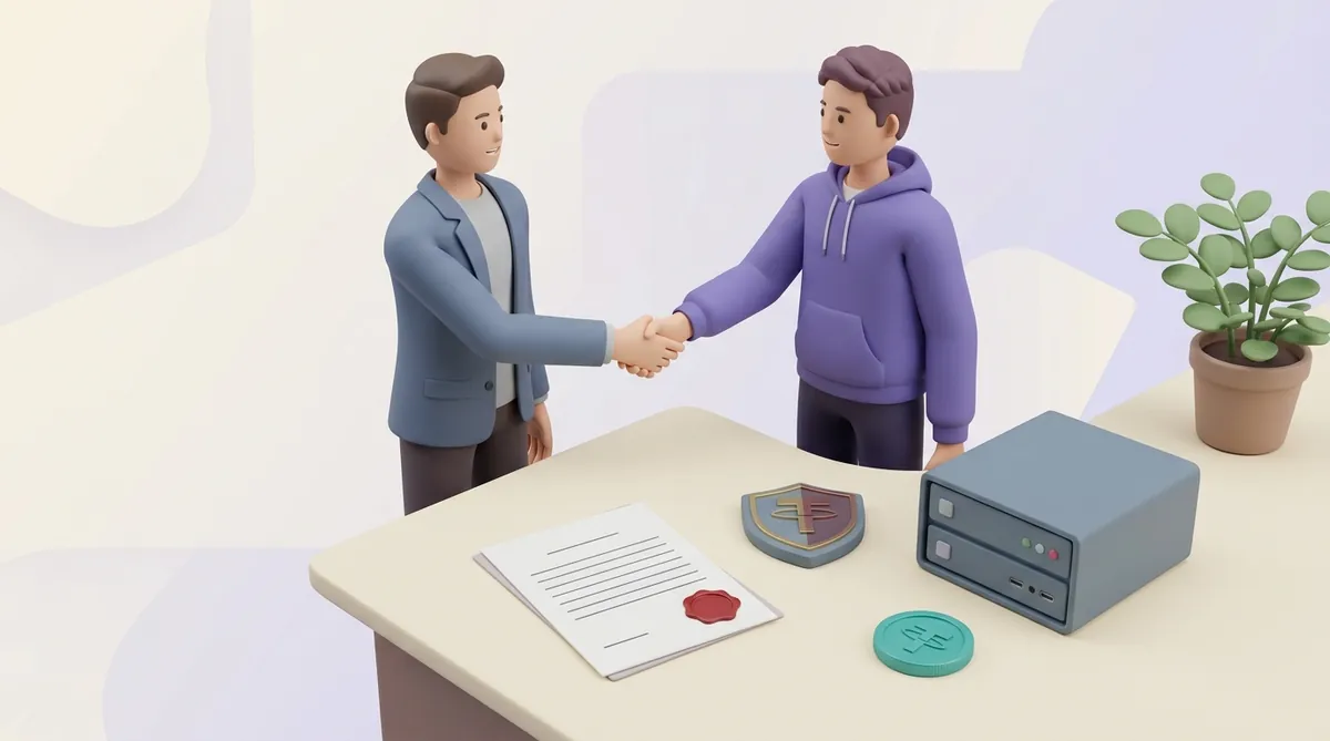 Two people shaking hands over a desk with a sealed contract, a security shield and a server unit.